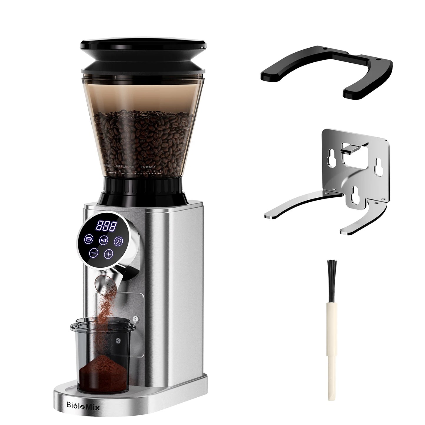 BioloMix Electric Conical Burr Coffee Grinder Adjustable 48 Settings Removable Holder for Espresso Coffee