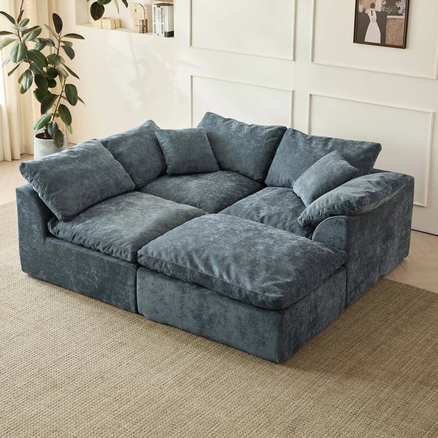 109" Modern Cloud L-Shaped 3-Seater Oversized Deep Seat Chenille Fabric Sofa Blue Modular Sectional with Ottoman