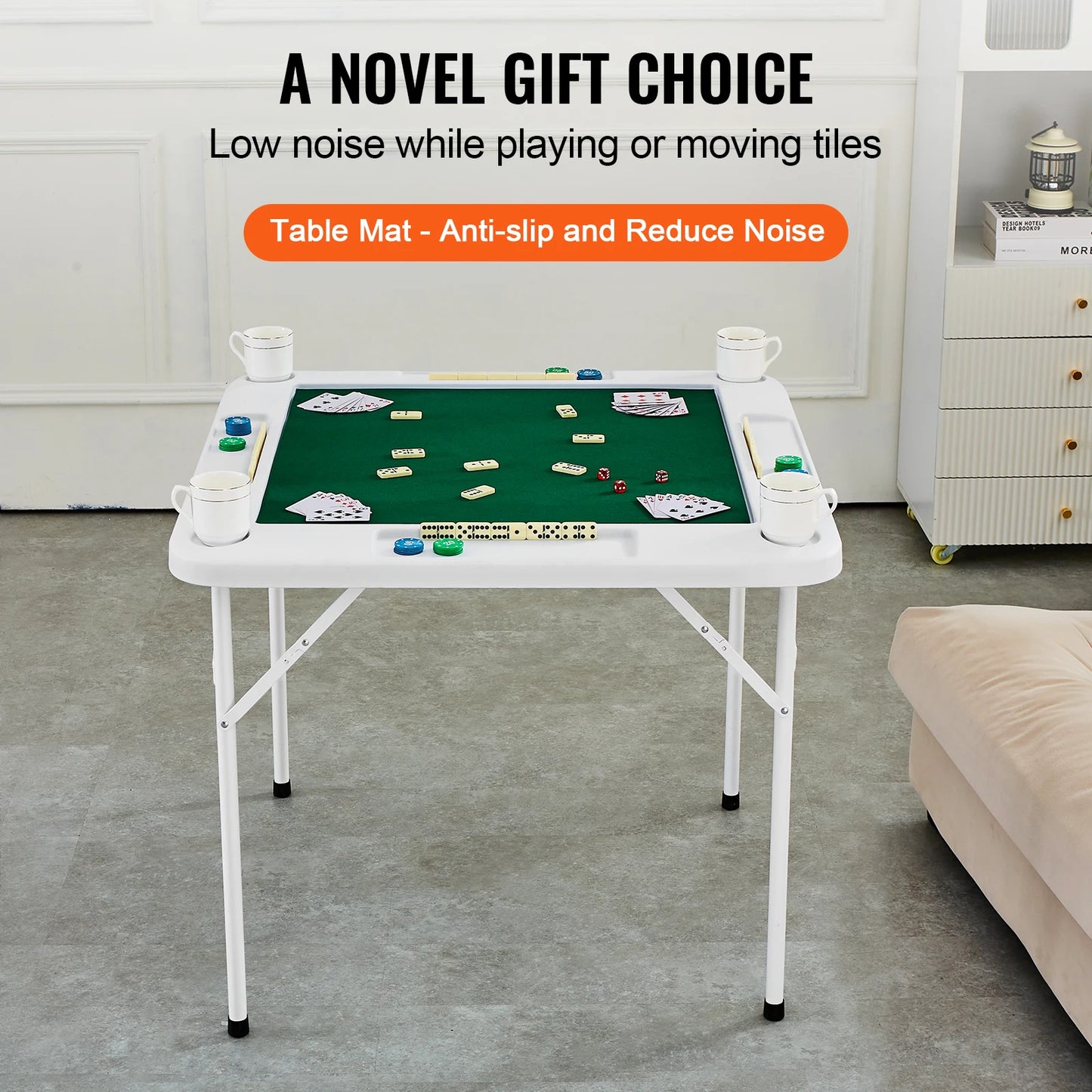 SucceBuy Mahjong Table 4 Player Folding Domino Table with Wear-Resistant Green Tabletop Portable Square Card Table 4 Chip Trays