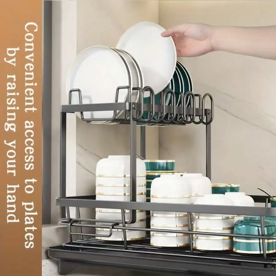 This Double-Layered, Large Metal And Carbon Steel Cutlery Rack Is Perfect For Kitchen Countertops. It's Space-Saving And Durable, Featuring Knife, Fork, And Cup Holders, As Well As A Drainer. The Rust-Resistant Design Makes Y