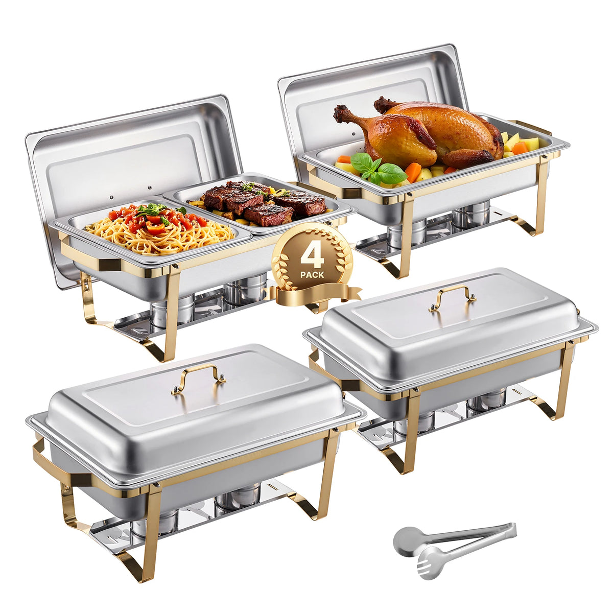 SucceBuy 8QT Rectangle Chafing Dish 2/4/6 Packs W/ Full Size Pans Buffet Catering Warmer Server Folding Stand Fuel Holder Tray