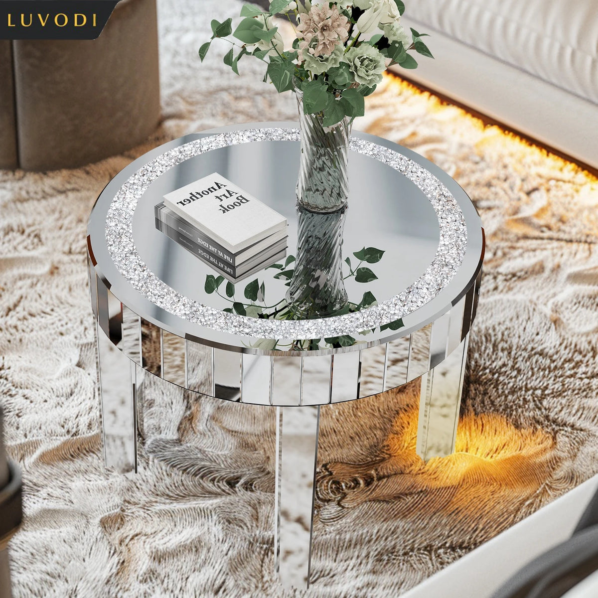 Luxury Round Mirrored Bedside Table, Crystal Diamond Inlay Accent Side Table for Living Room & Bedroom Decor