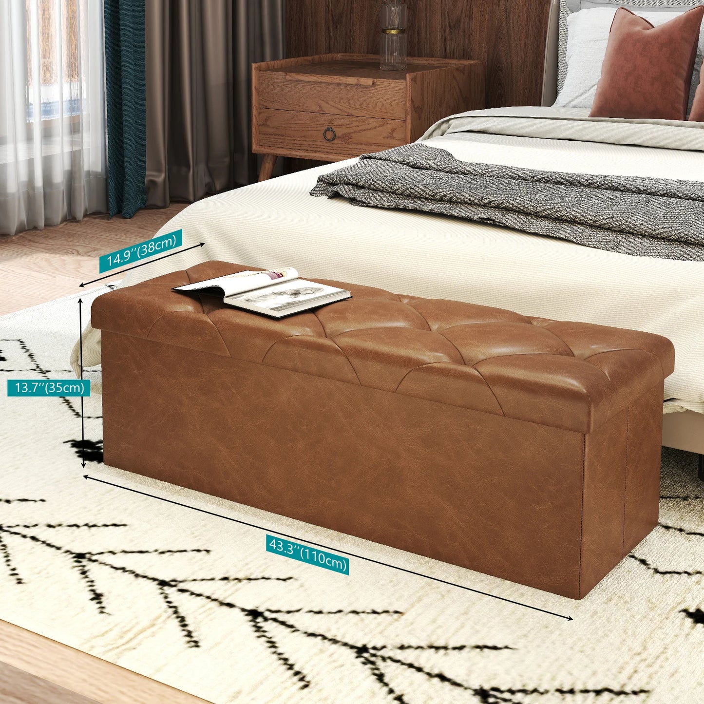 Tufted Faux Leather Storage Bench Folding Footrest Ottoman with 400lbs Weight Capacity, Large Blanket Toy Storage Organizer Chest for Bedroom