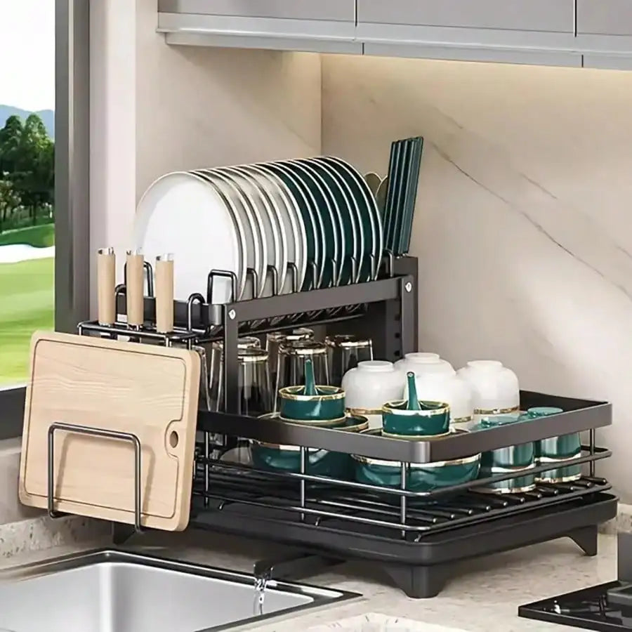 This Double-Layered, Large Metal And Carbon Steel Cutlery Rack Is Perfect For Kitchen Countertops. It's Space-Saving And Durable, Featuring Knife, Fork, And Cup Holders, As Well As A Drainer. The Rust-Resistant Design Makes Y