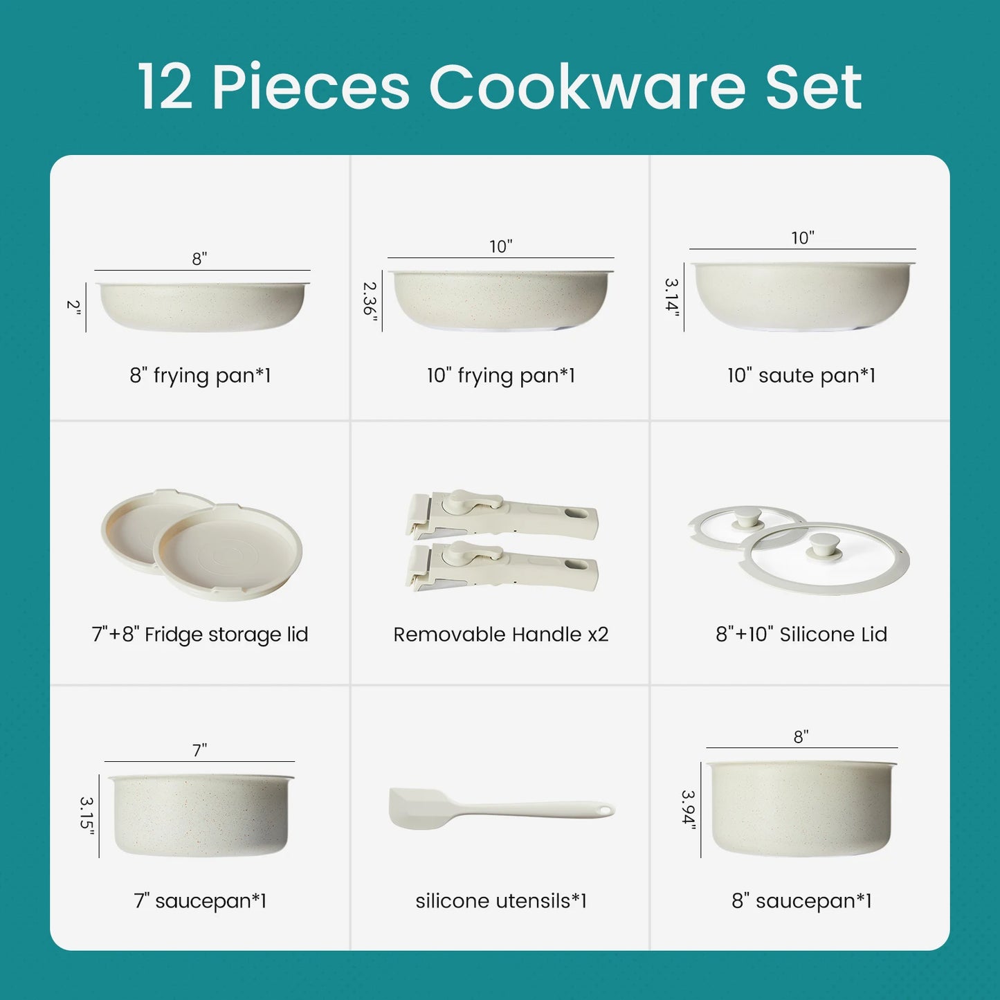 JHK 12 Pcs Pots and Pans Set Nonstick Kitchen Cookware Set Induction Cooking Sets Detachable Handle For Kitchen Dining