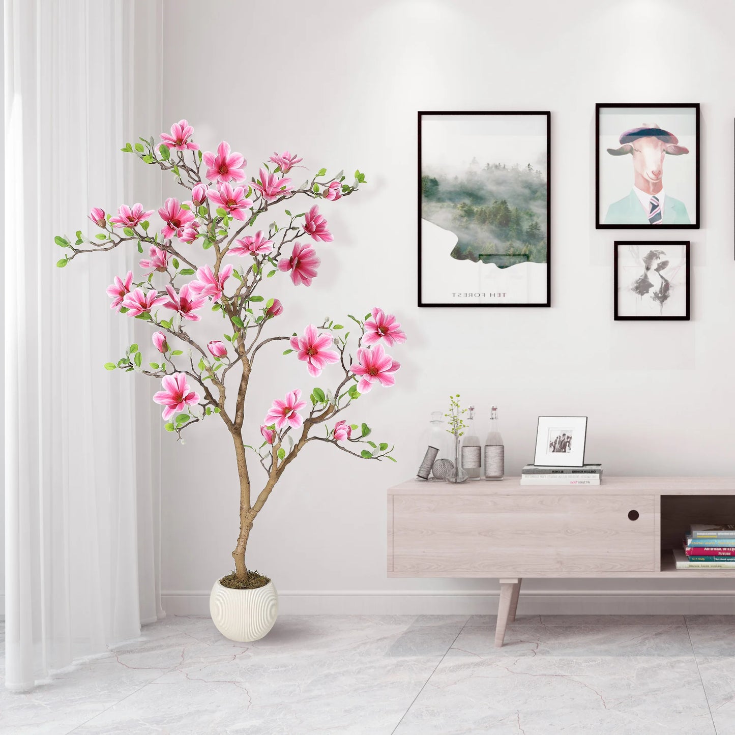 Lifelike Pink Magnolia Artificial Tree for Home Decor – Realistic Tall Silk Faux Plant Flower in Pot for Living Room Entryway