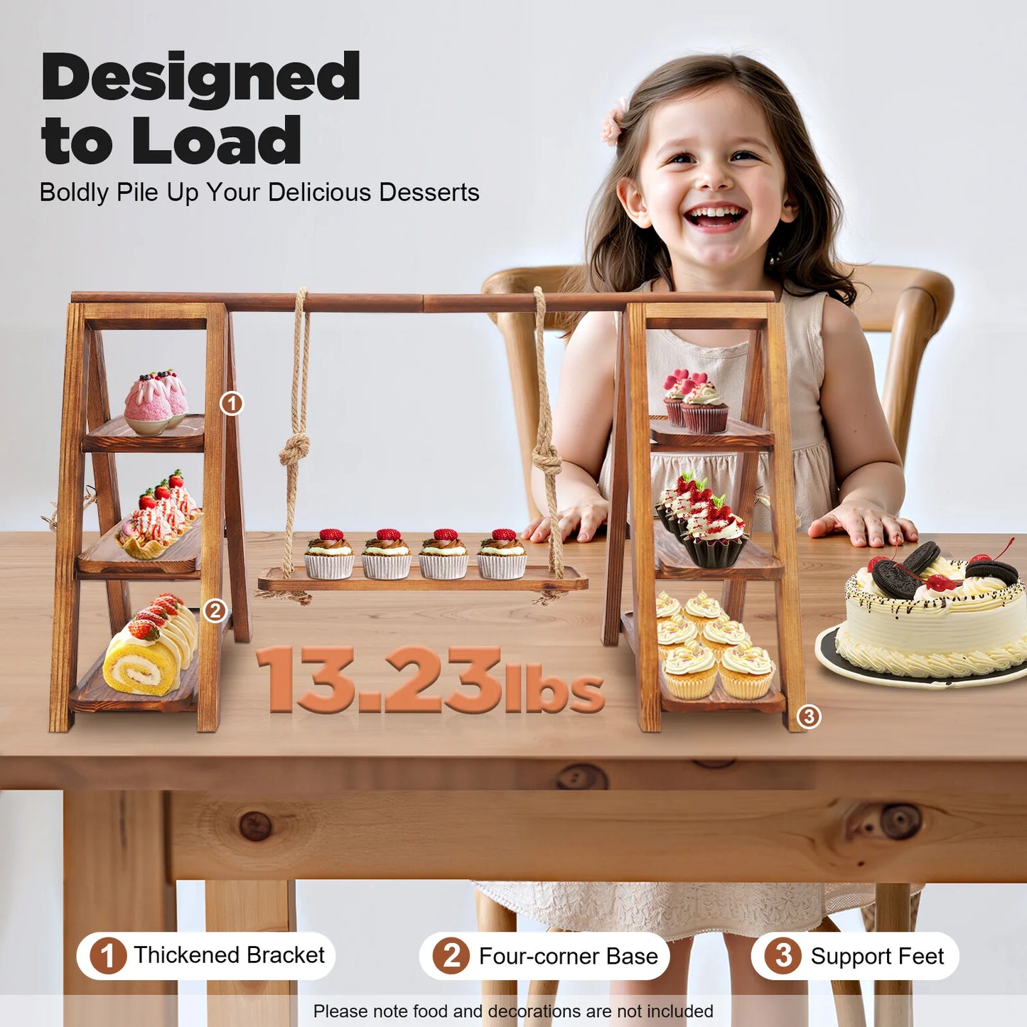 3-Tier Solid Wood Dessert Stand 6KG Load Capacity Detachable Wooden Cupcake Display Rack for Wedding Birthday Party