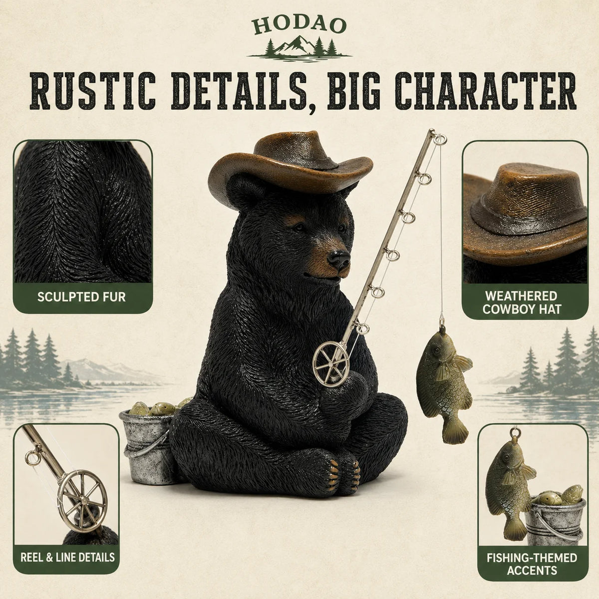 Hodao Resin Fishing Bear Figurine Figure Model, Rustic Black Bear Decor with Cowboy Hat, Fishing Rod, Hanging Fish and Bait Bucket, Outdoorsman Tabletop Statue for Cabin Lodge, Lake House, Shelf, Mantel, Office, Angler Fisher