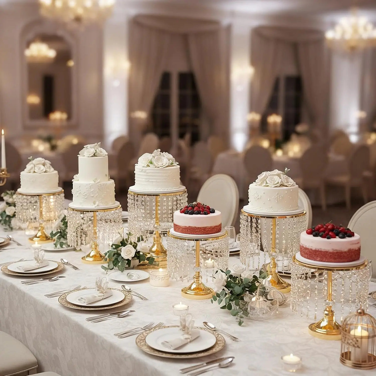 6Pcs Gold Mirror Cake Stand Set With Crystal Pendants, Round Dessert Display Stands For Wedding Birthday Party Dessert Table Cupcake Holder