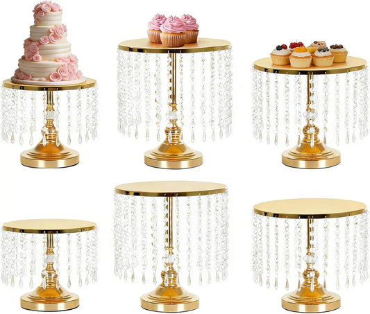 6Pcs Gold Mirror Cake Stand Set With Crystal Pendants, Round Dessert Display Stands For Wedding Birthday Party Dessert Table Cupcake Holder