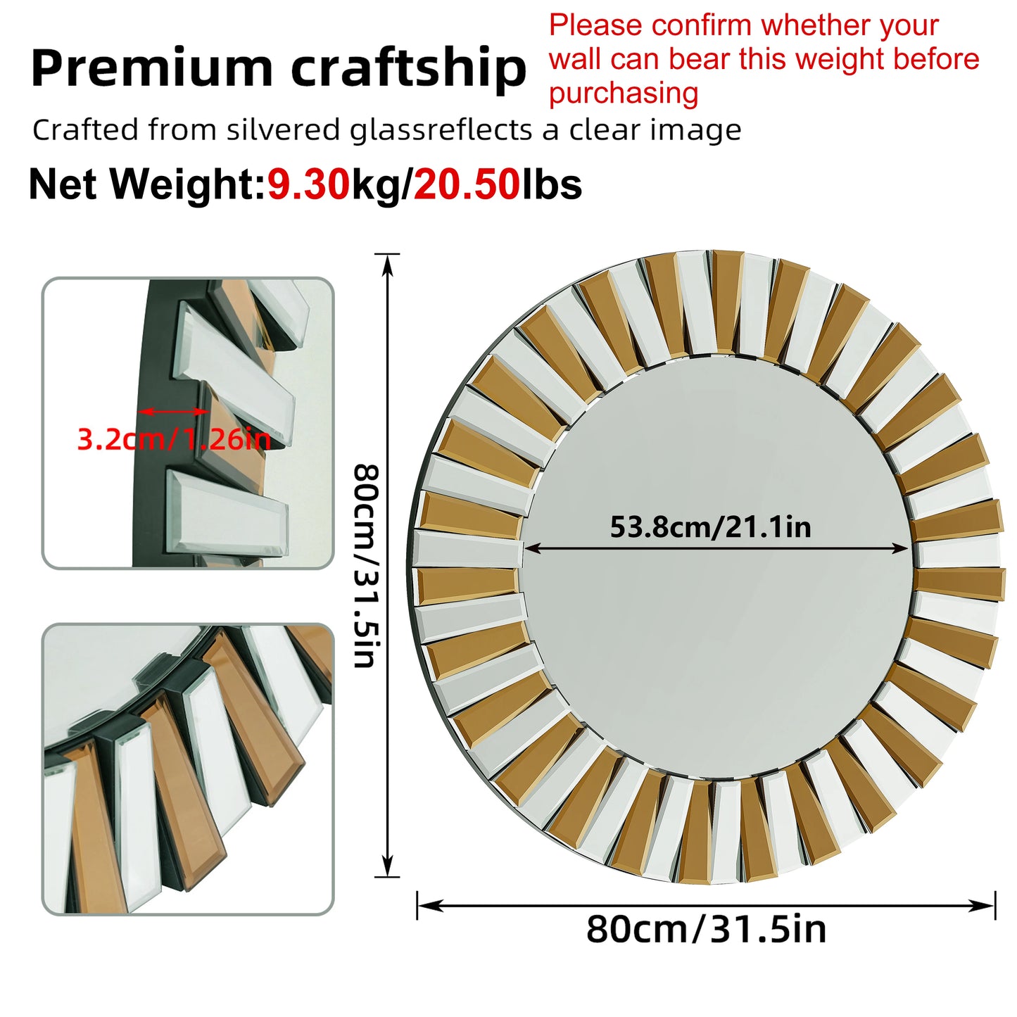 60/80CM Round Starburst Decorative Wall Mirror Gorgeous Tawny Accent Mirror for Bathroom Bedroom Living Room Dining Room