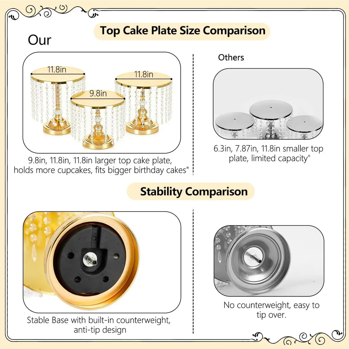 6Pcs Gold Mirror Cake Stand Set With Crystal Pendants, Round Dessert Display Stands For Wedding Birthday Party Dessert Table Cupcake Holder