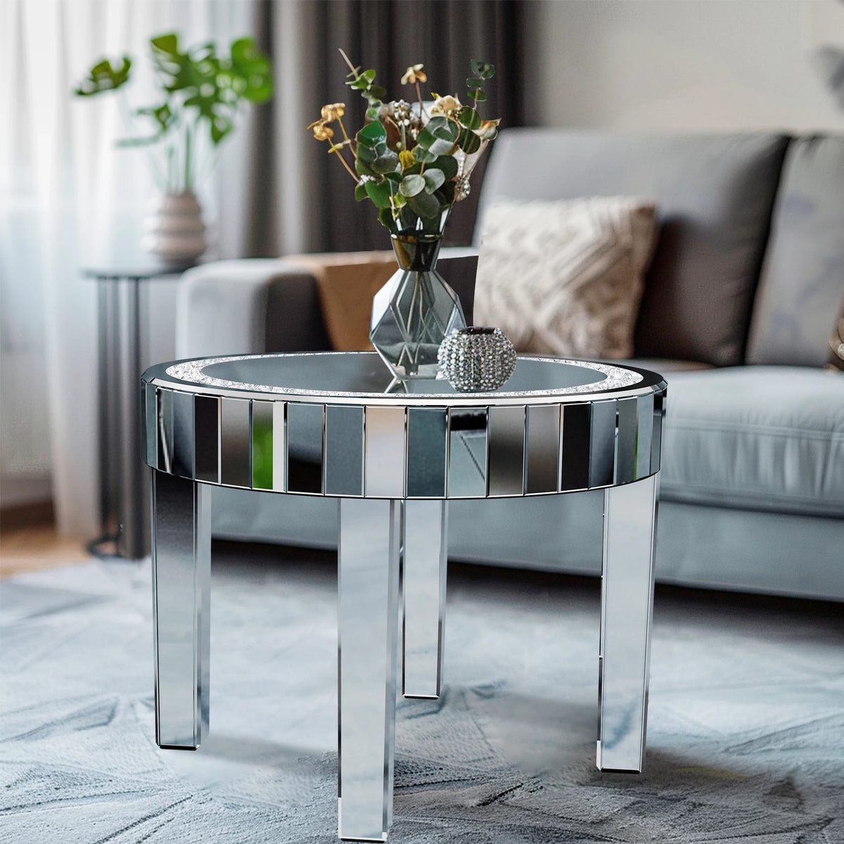 Luxury Round Mirrored Bedside Table, Crystal Diamond Inlay Accent Side Table for Living Room & Bedroom Decor