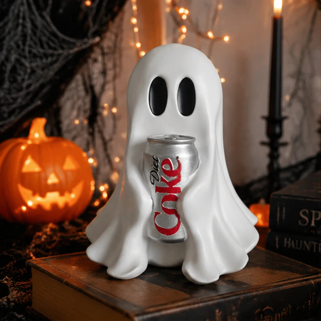 Funny Ghost Holding Soda Can Resin Statue Halloween Desk Decor Cute Spooky Room Ornament Gift for Home Office Decoration
