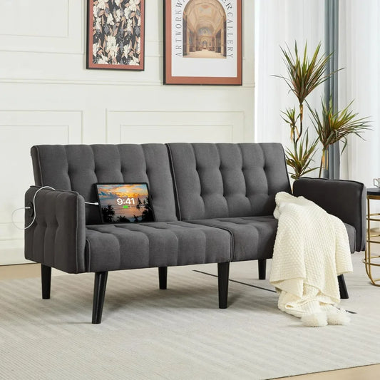 TYBOATLE 65" Futon Sofa Bed 2 USB - Tufted Upholstered Adjustable Loveseat Modern Mid Century for Small Spaces