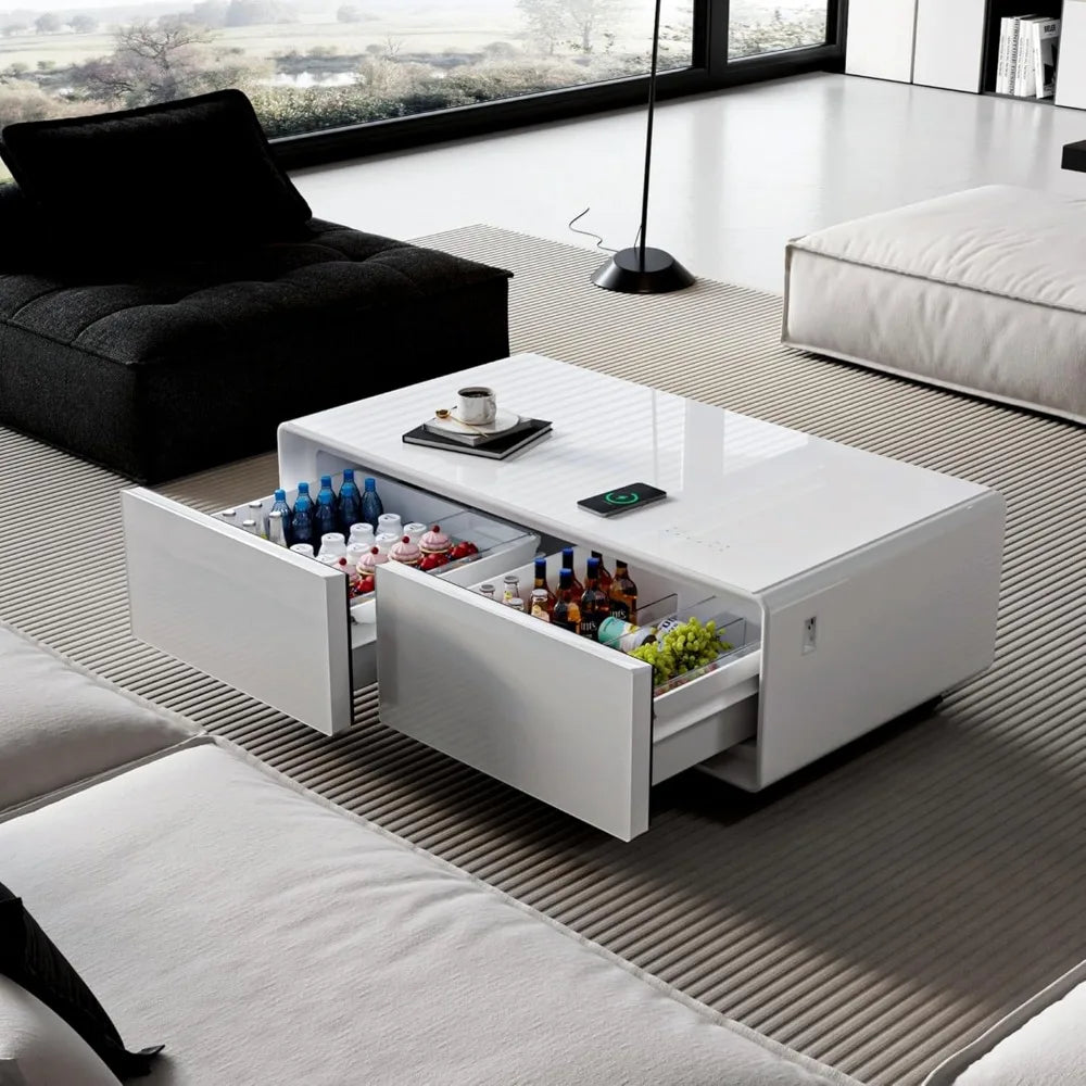 Smart Coffee Table with Built in Fridge, Living Room Table Bluetooth Sound and Wireless Charging, Type-C & USB Interface, Temper
