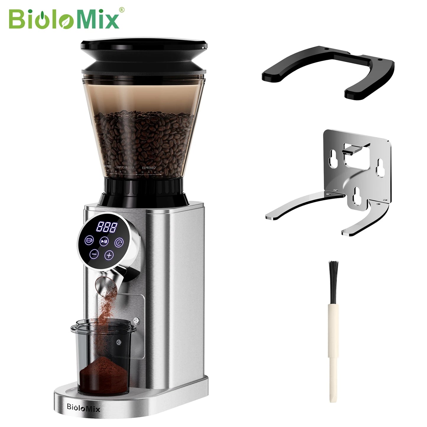 BioloMix Electric Conical Burr Coffee Grinder Adjustable 48 Settings Removable Holder for Espresso Coffee