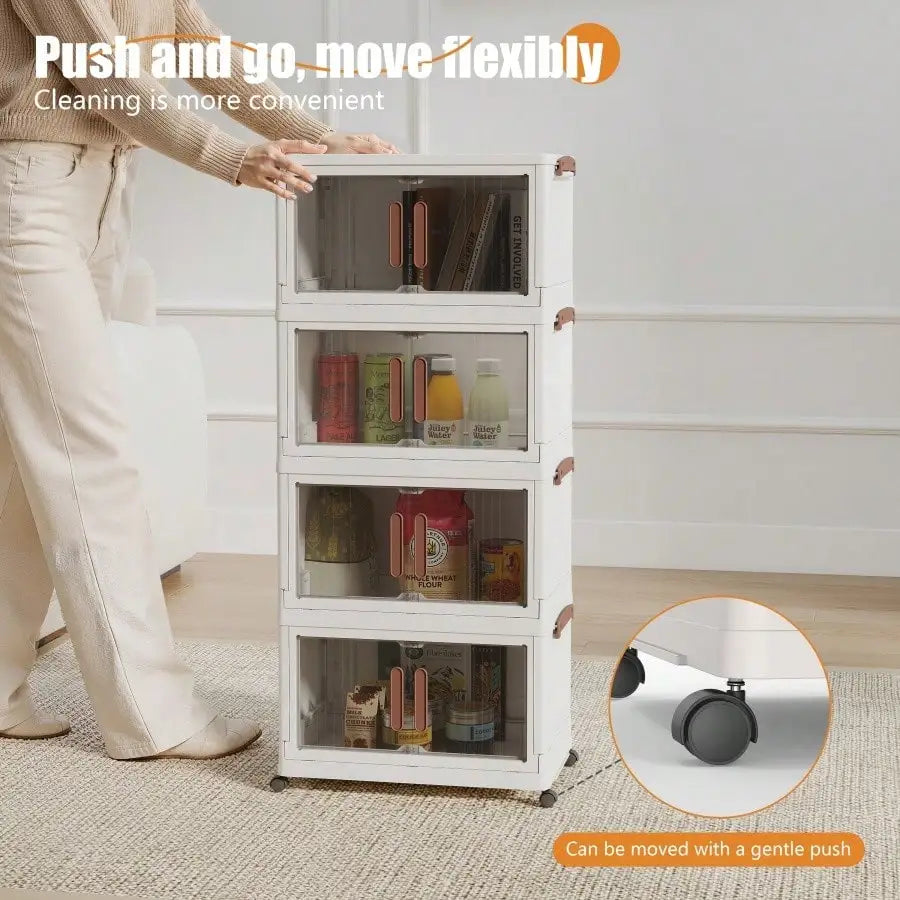 4 Tier Foldable Storage Cabinet Modern White Plastic Stackable Storage Bins Organizer Unit With Clear Magnetic Doors Wheels Handles For Clothes Pantry Bedroom Living Room Housewarming Gift