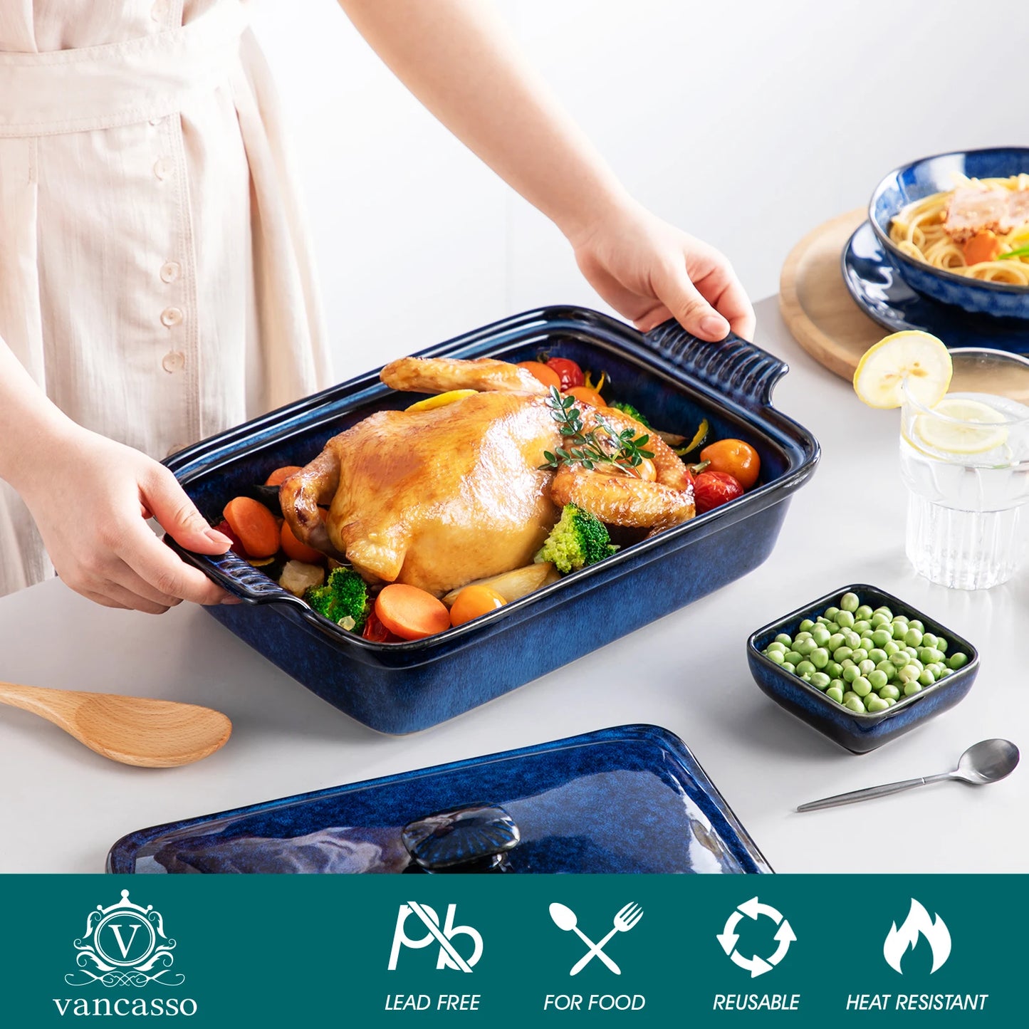 Vancasso Starry 3.8/1.9 Quart Blue Casserole Baking Dish Large Lasagna Pan with Lid Stoneware Casserole with Lid Microwave