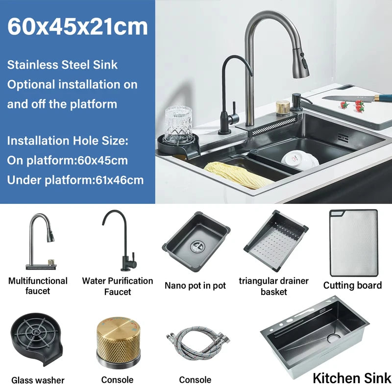 304Stainless Steel Kitchen Sink Faucet Set Rainfall Spout Pull Out Sprayer Pure Tap Cold Hot Water Mixer Multifunctional Kitchen