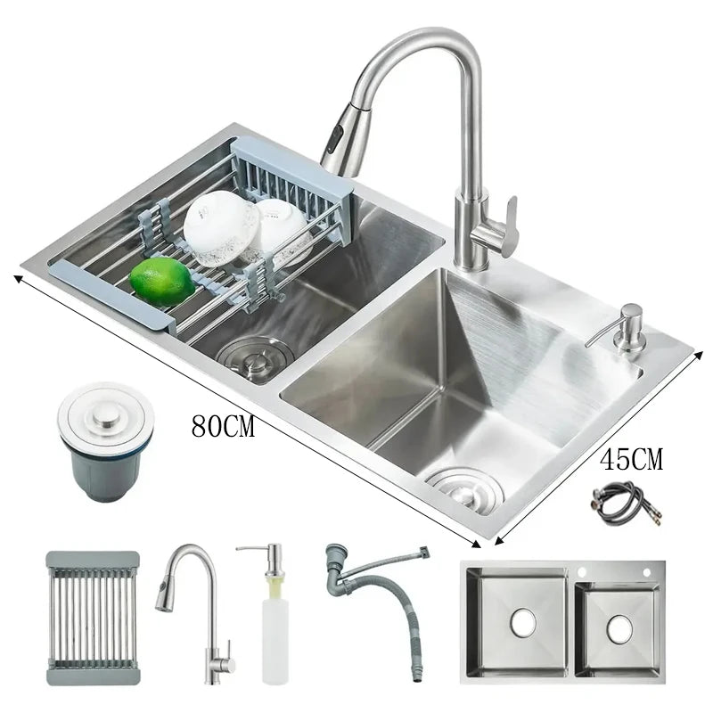 304Stainless Steel Kitchen Sink Faucet Set Rainfall Spout Pull Out Sprayer Pure Tap Cold Hot Water Mixer Multifunctional Kitchen