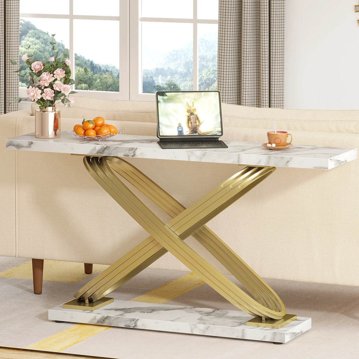 Tribesigns 55 Inch Modern Console Table, Faux Marble Gold Entryway Table Behind Sofa Couch, Narrow Rectangular Sofa Table