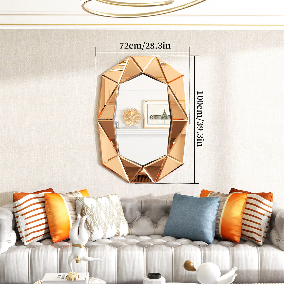 Asymmetrical Decorative Wall Mirror for Living Room and Bedroom, Glass Inlayed Accent Vanetian Mirror, 100cm