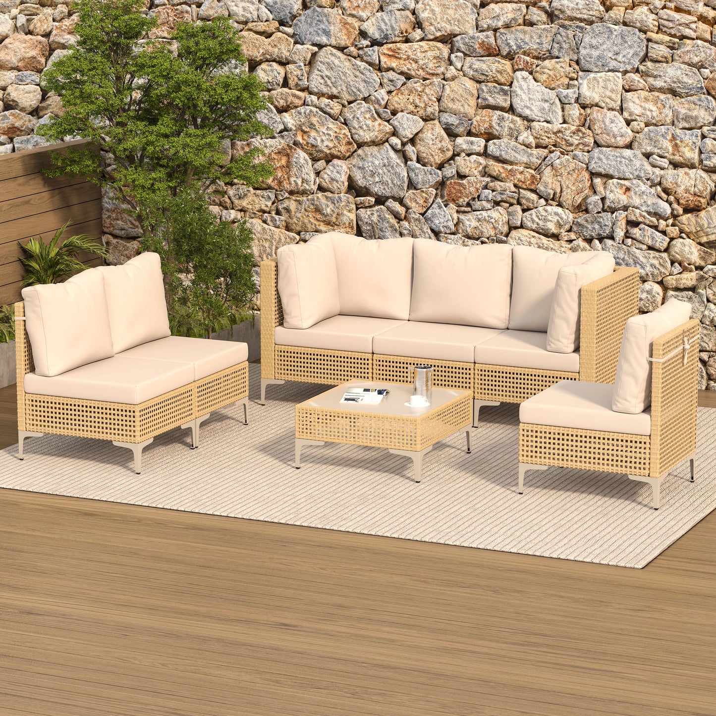 7 Piece Outdoor Patio Furniture Set Boho Style Weatherproof Wicker Conversation Set with Coffee Table