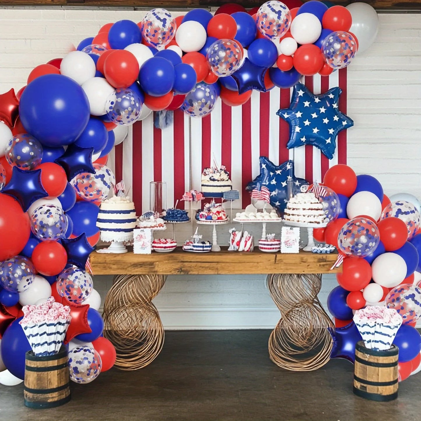 158pcs Red White Blue Patriotic Balloon Arch Kit American Themed Party Supplies Suitable For US Holiday Celebrations Puncture Resistant Not Easy To Break Multi Purpose Game Props Star Aluminum Foil Balloons For July 4th Birth