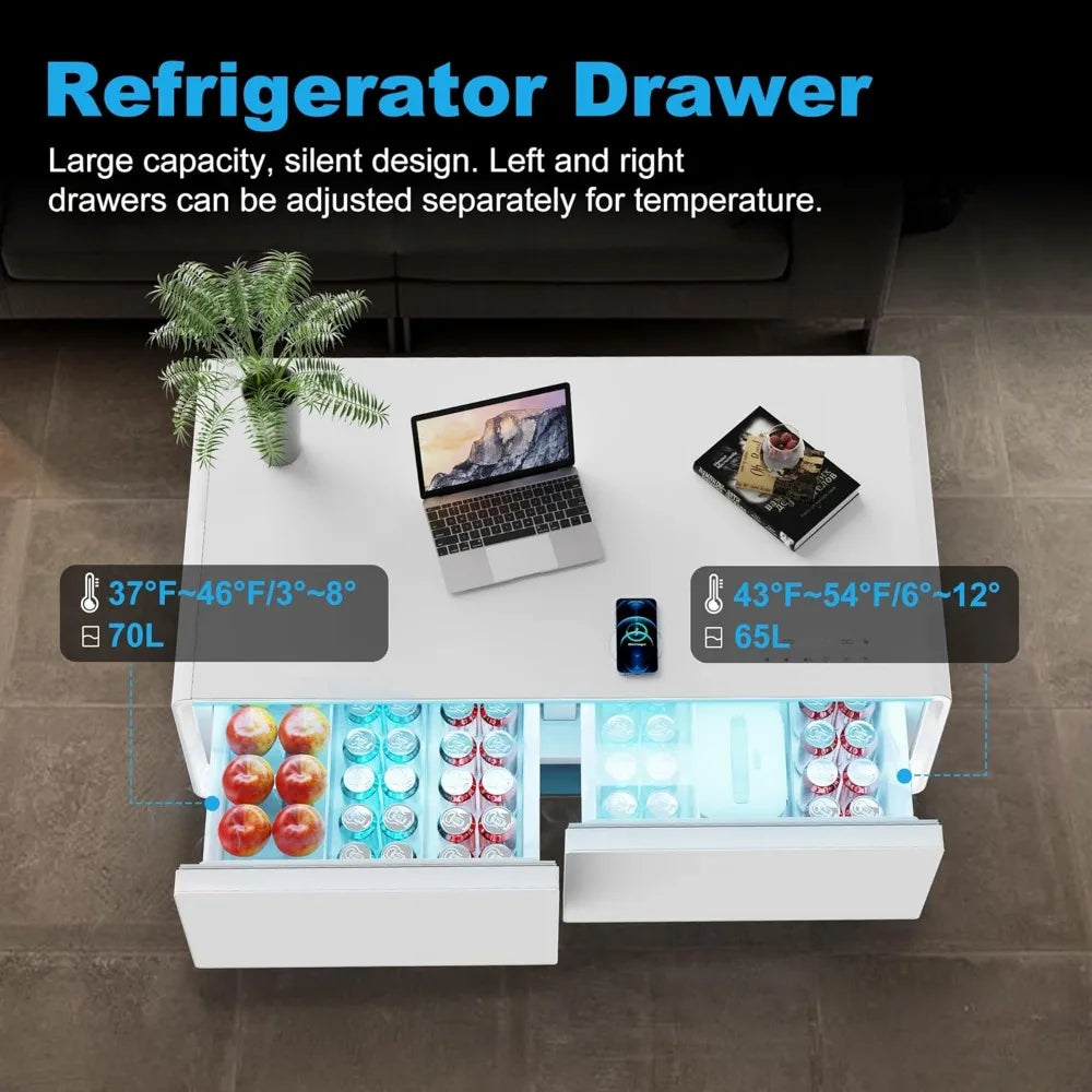 Smart Coffee Table with Built in Fridge, Living Room Table Bluetooth Sound and Wireless Charging, Type-C & USB Interface, Temper