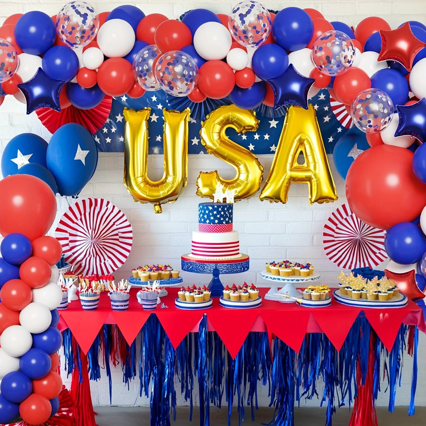 158pcs Red White Blue Patriotic Balloon Arch Kit American Themed Party Supplies Suitable For US Holiday Celebrations Puncture Resistant Not Easy To Break Multi Purpose Game Props Star Aluminum Foil Balloons For July 4th Birth