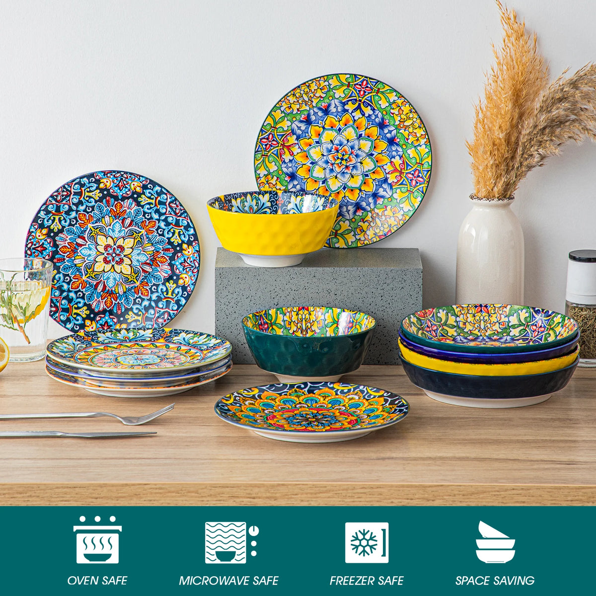 Vancasso 12/16/18/24 Piece Ceramic Dinnerware Set Stoneware Bohemian Style with Dinner/Dessert Plate/Cereal/Pasta Bowl For 6