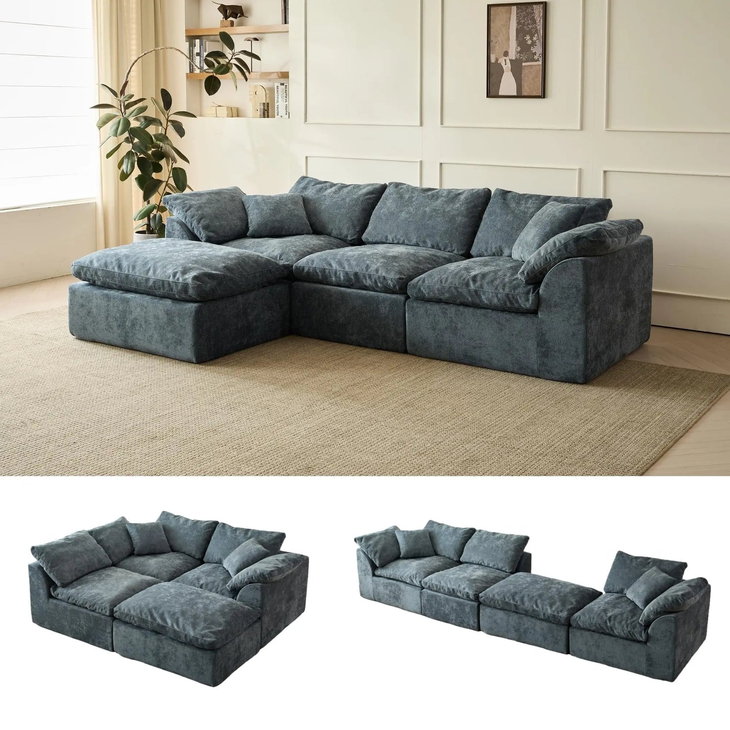 109" Modern Cloud L-Shaped 3-Seater Oversized Deep Seat Chenille Fabric Sofa Blue Modular Sectional with Ottoman