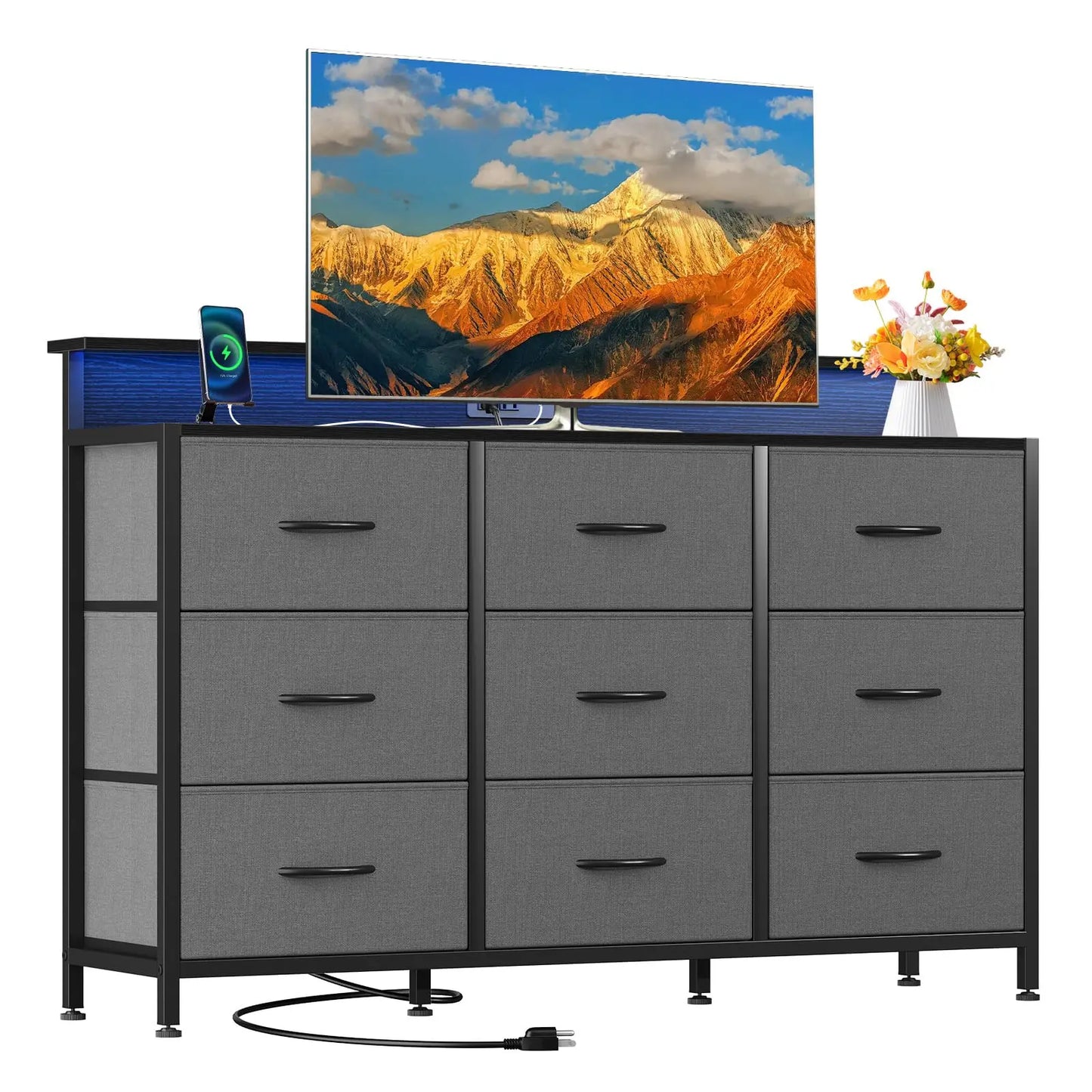 JHK TV Stand Dresser with 9 Fabric Drawers Wood Top Media Console for 32-52 inch TV Stand with Storage Display Of Furniture