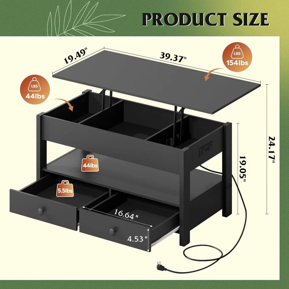 WLIVE Black Lift Top Coffee Table with 2 Drawers LED Light - Large Storage Open Shelf for Living Room Modern Home Furniture