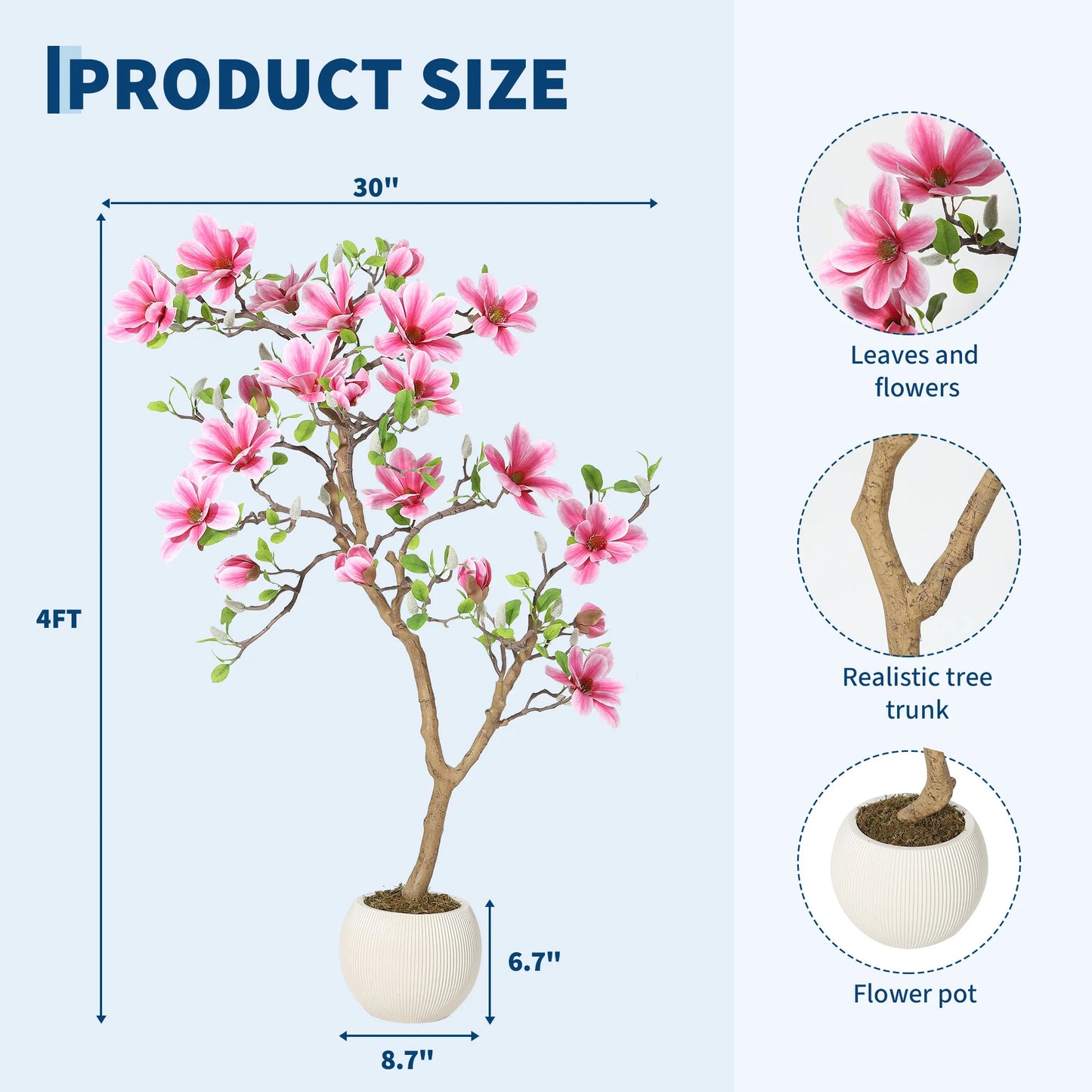 Lifelike Pink Magnolia Artificial Tree for Home Decor – Realistic Tall Silk Faux Plant Flower in Pot for Living Room Entryway