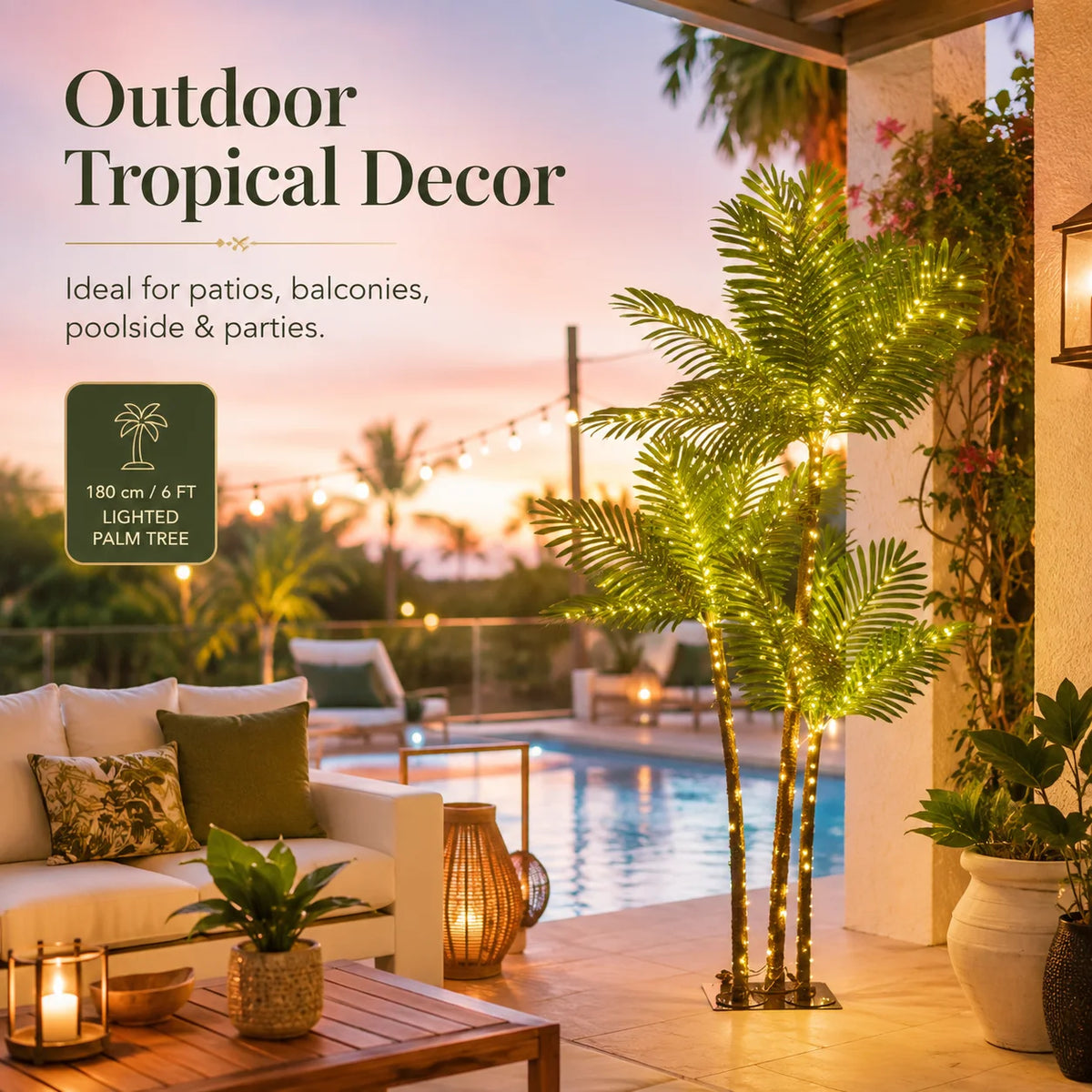 Artificial Palm Tree with LED Lighted Christmas Decor USB Powered, 5FT, 6FT Artificial Palm Tree with LED Lights, 8 Lighting Modes and IP65 Waterproof for Indoor Outdoor Christmas and Tropical Spaces