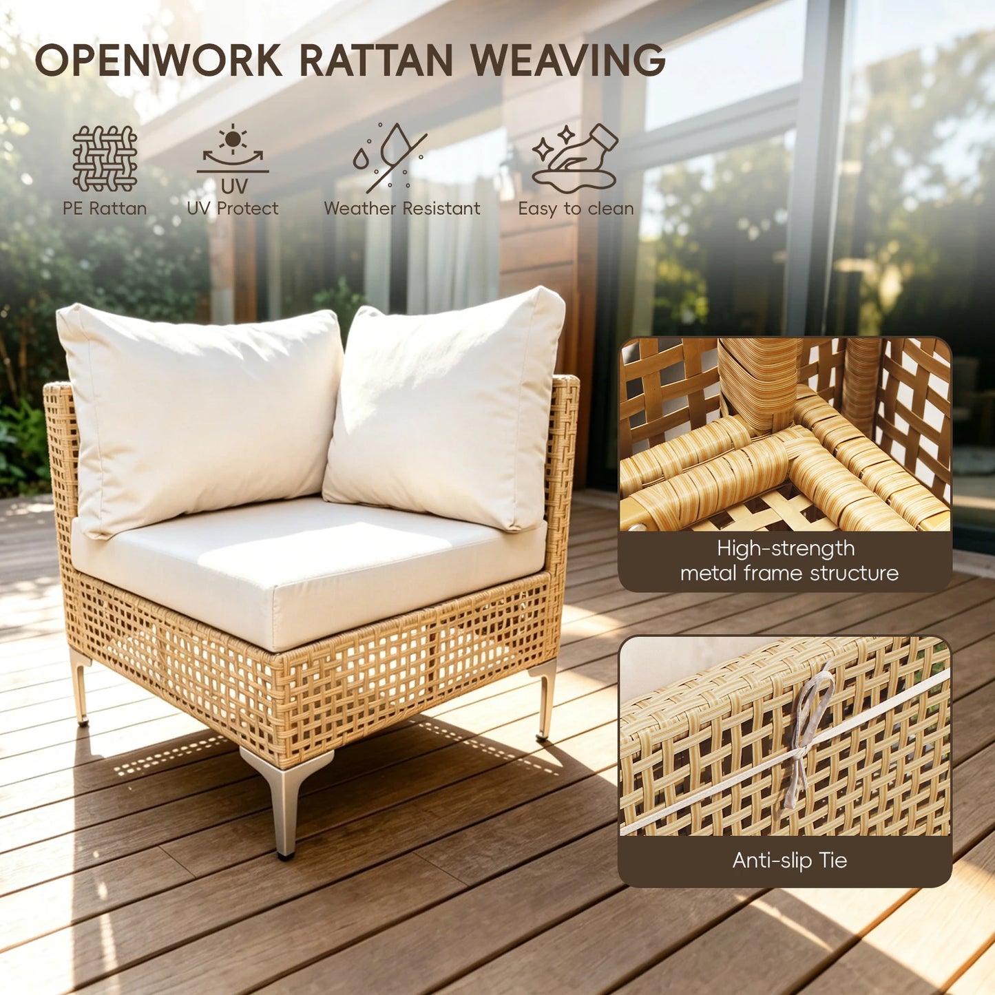 7 Piece Outdoor Patio Furniture Set Boho Style Weatherproof Wicker Conversation Set with Coffee Table