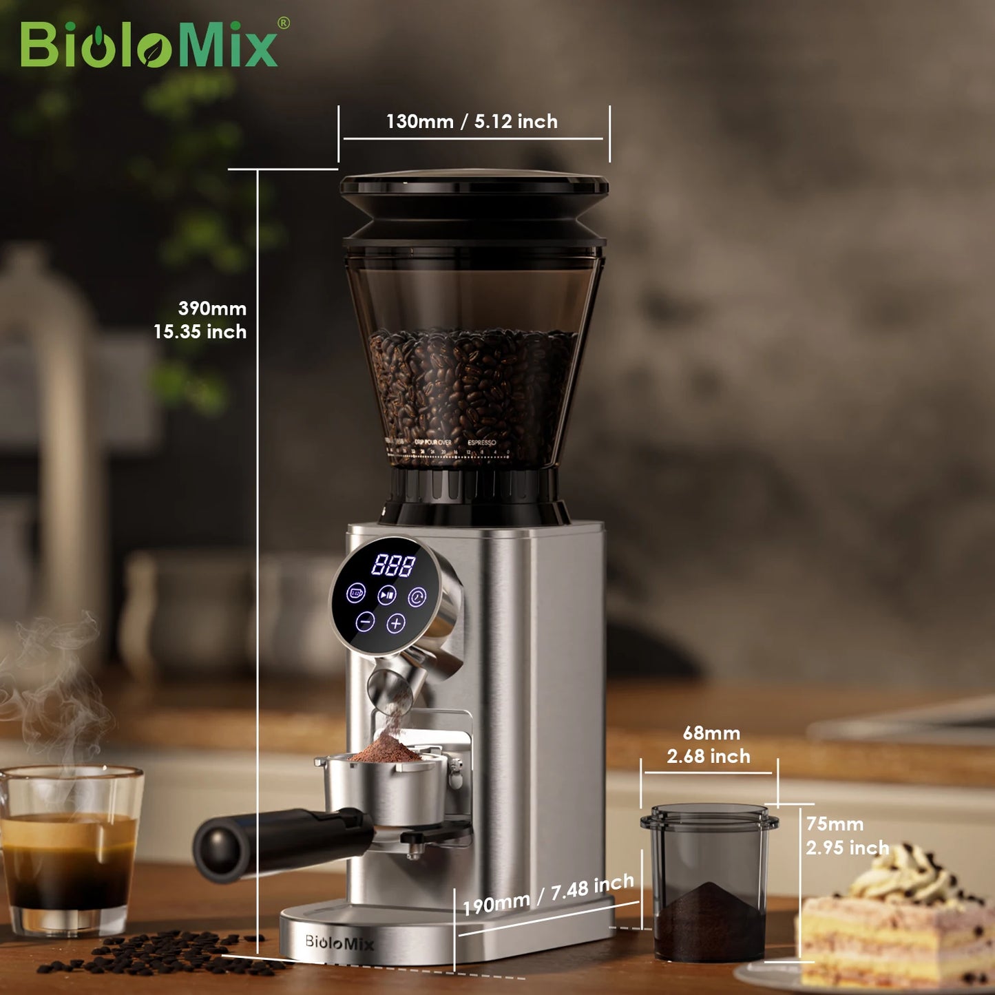 BioloMix Electric Conical Burr Coffee Grinder Adjustable 48 Settings Removable Holder for Espresso Coffee