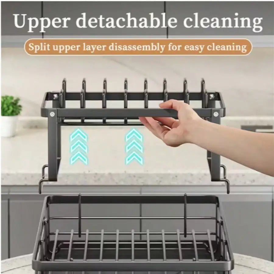 This Double-Layered, Large Metal And Carbon Steel Cutlery Rack Is Perfect For Kitchen Countertops. It's Space-Saving And Durable, Featuring Knife, Fork, And Cup Holders, As Well As A Drainer. The Rust-Resistant Design Makes Y