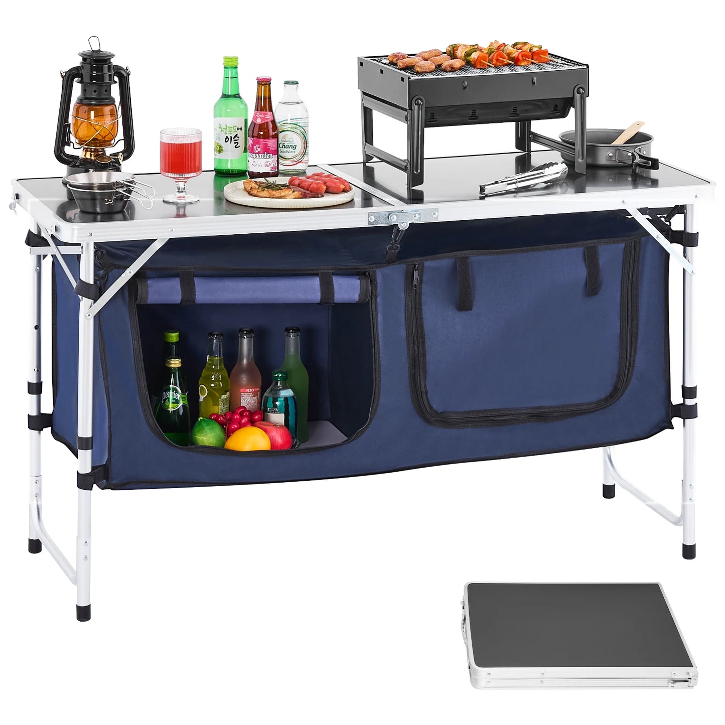 SucceBuy Camping Kitchen Table Folding Outdoor Cooking Table Aluminum Lightweight Portable Cook Station Foldable Camp Table