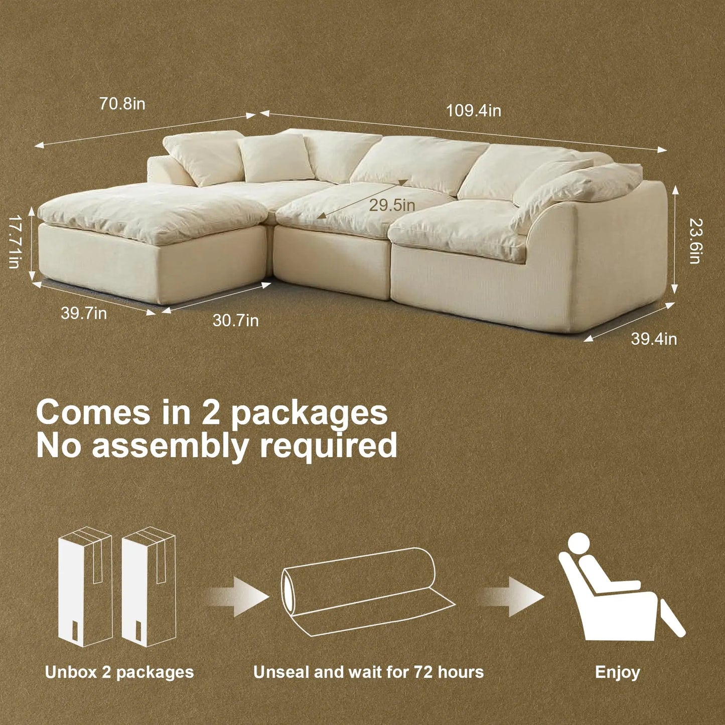 109" Modern Cloud L-Shaped 3-Seater Oversized Deep Seat Chenille Fabric Sofa Blue Modular Sectional with Ottoman