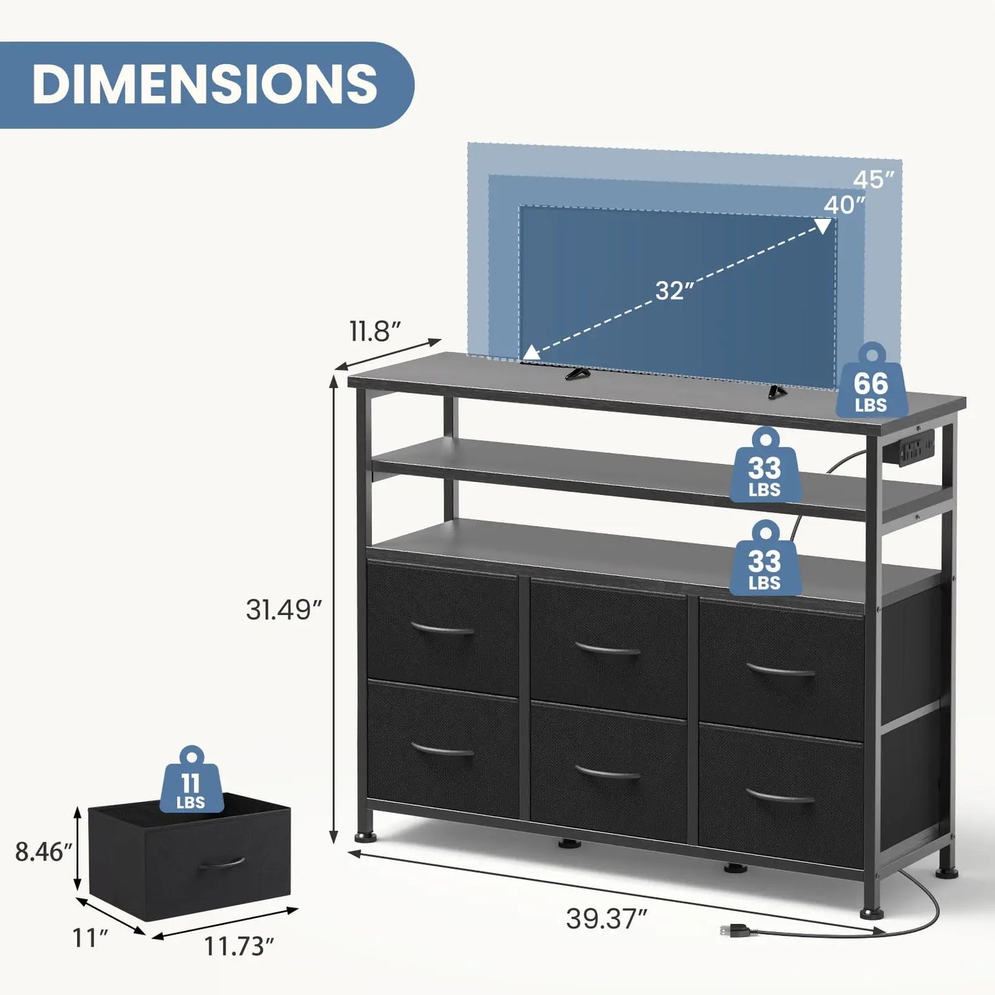 JHK TV Stand Dresser For Living Room With 6 Fabric Drawers Storage Up to 45 inch TV Wood Top TV Media Console Table Cabinet