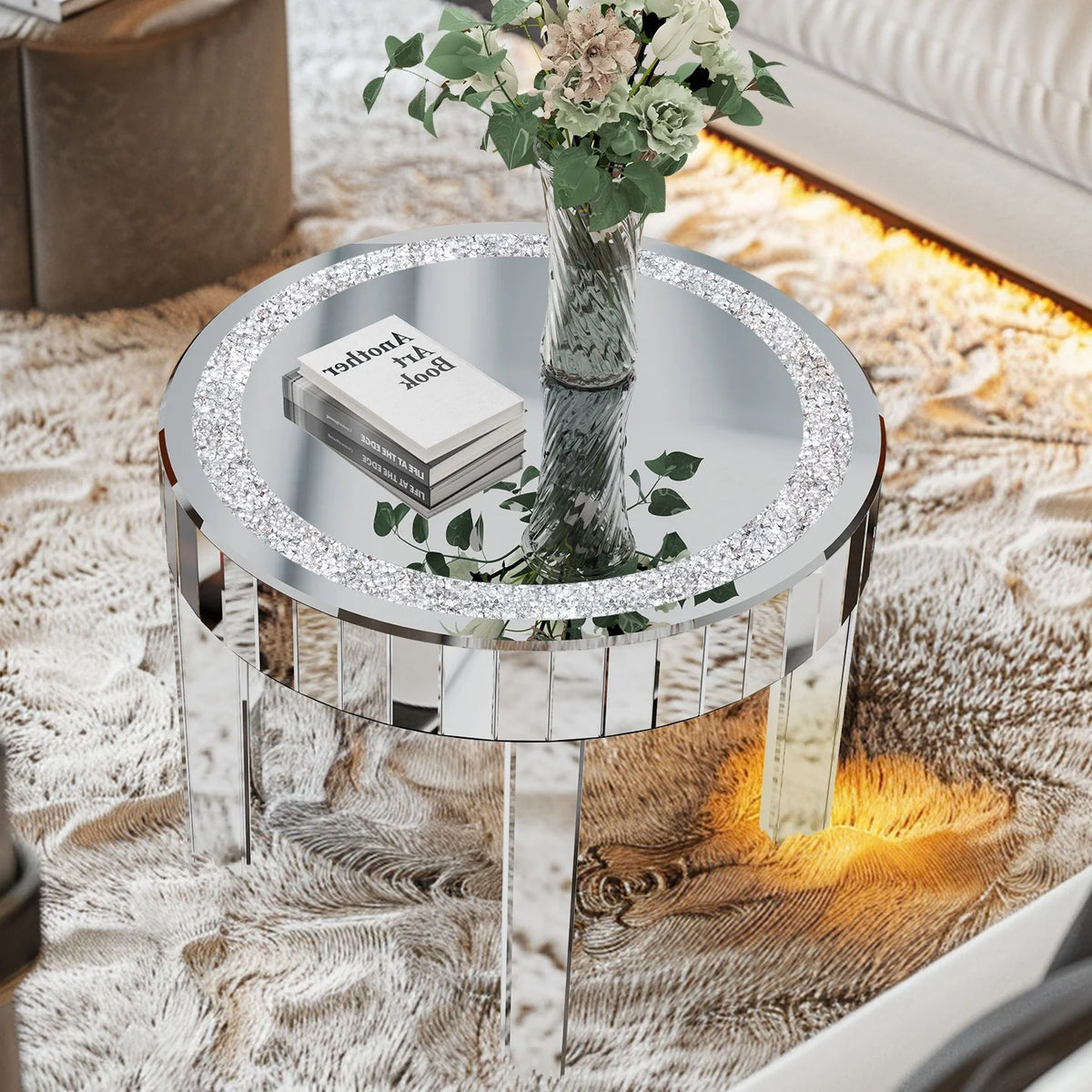 Luxury Round Mirrored Bedside Table, Crystal Diamond Inlay Accent Side Table for Living Room & Bedroom Decor
