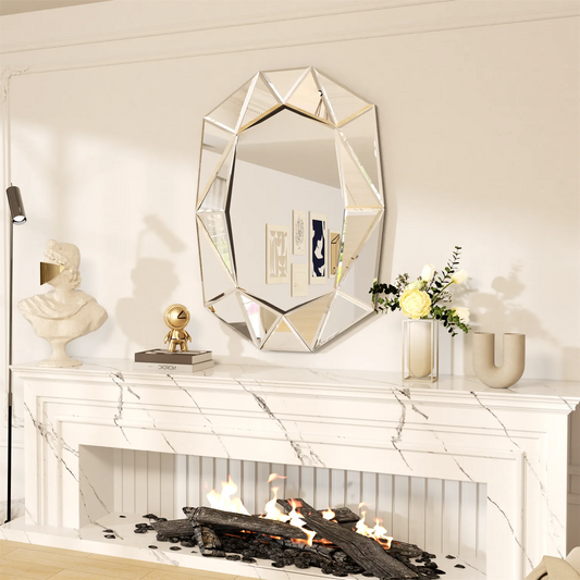 Asymmetrical Decorative Wall Mirror for Living Room and Bedroom, Glass Inlayed Accent Vanetian Mirror, 100cm