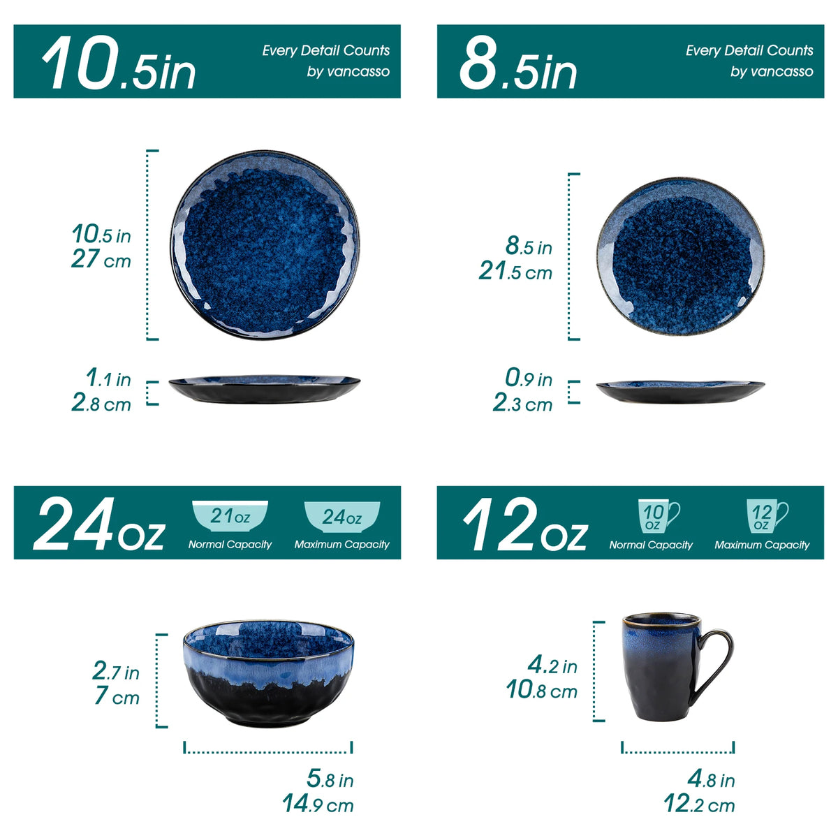 Vancasso 16/32/48-Piece Starry Blue Dinner Set, Kiln Change Glaze Tableware Dinner Set with Dinner Plate, Dessert Plate, Bowl, M