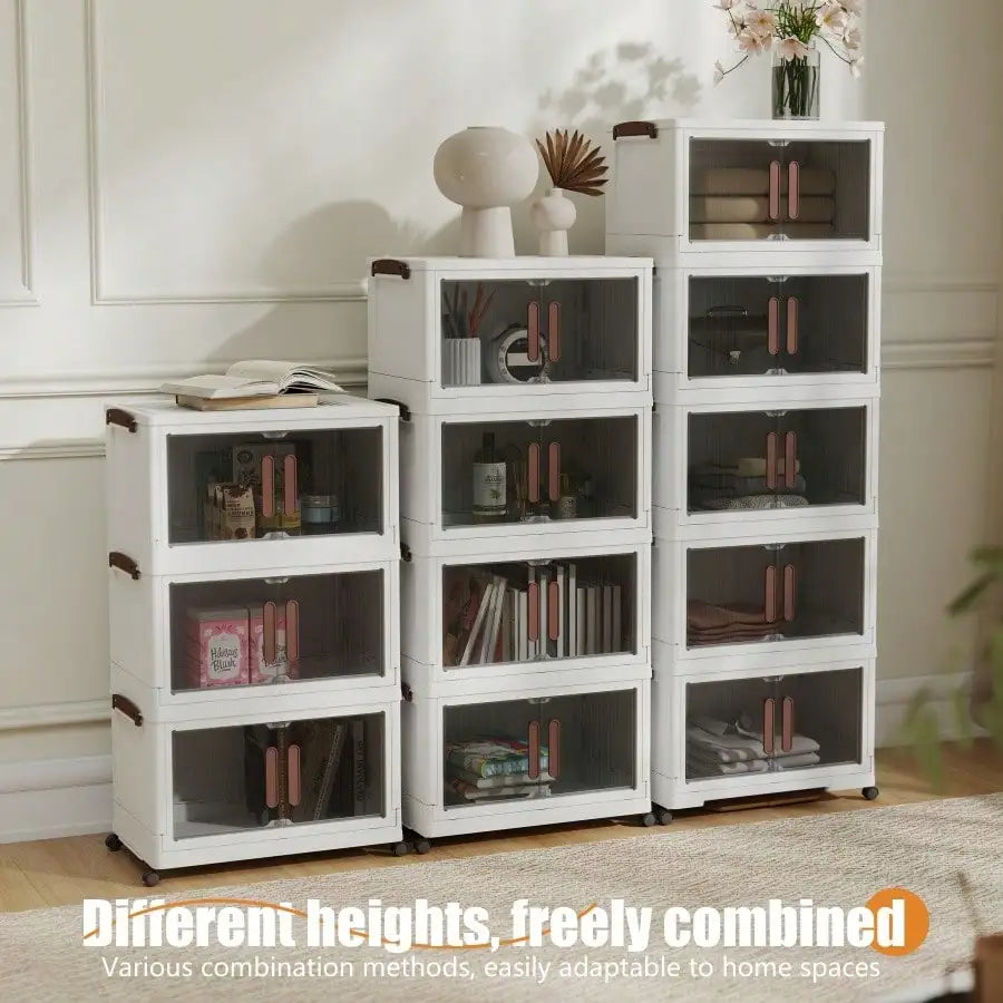 4 Tier Foldable Storage Cabinet Modern White Plastic Stackable Storage Bins Organizer Unit With Clear Magnetic Doors Wheels Handles For Clothes Pantry Bedroom Living Room Housewarming Gift