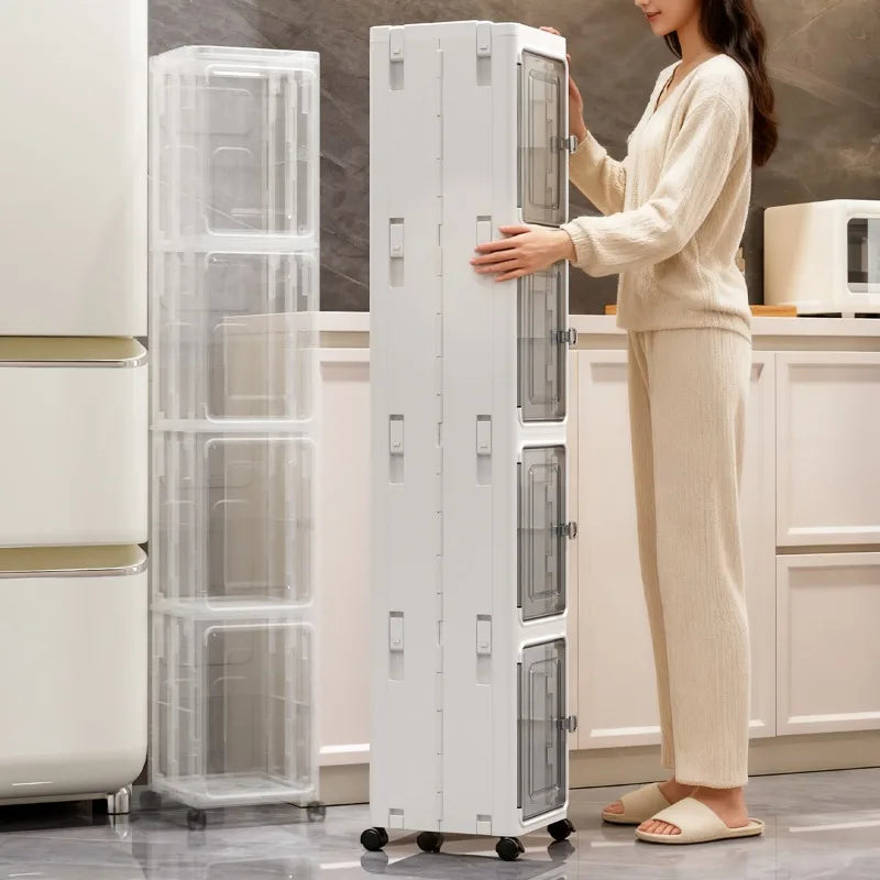 5‑Tier Slim Fold‑Up Storage Cabinet with Universal Rolling Wheels, Narrow Gap Transparent Door Plastic Organizer, Stackable Dust‑Proof Side Cabinet for Fridge Gap, Kitchen, Bathroom, Bedroom Snacks Toiletries Clothes St