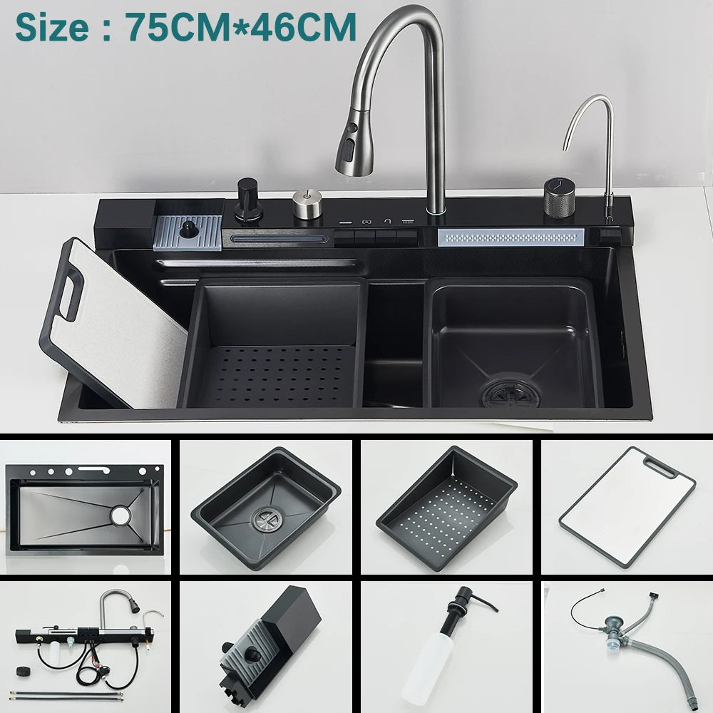 304 Stainless Steel Kitchen Waterfall Sink Digital Display Large Single Sink Dish Basin Sink With Multifunction Touch Waterfall