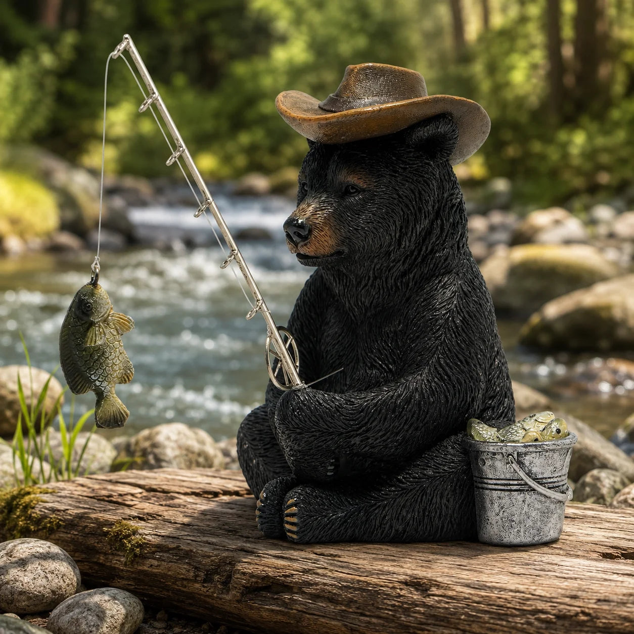 Hodao Resin Fishing Bear Figurine Figure Model, Rustic Black Bear Decor with Cowboy Hat, Fishing Rod, Hanging Fish and Bait Bucket, Outdoorsman Tabletop Statue for Cabin Lodge, Lake House, Shelf, Mantel, Office, Angler Fisher